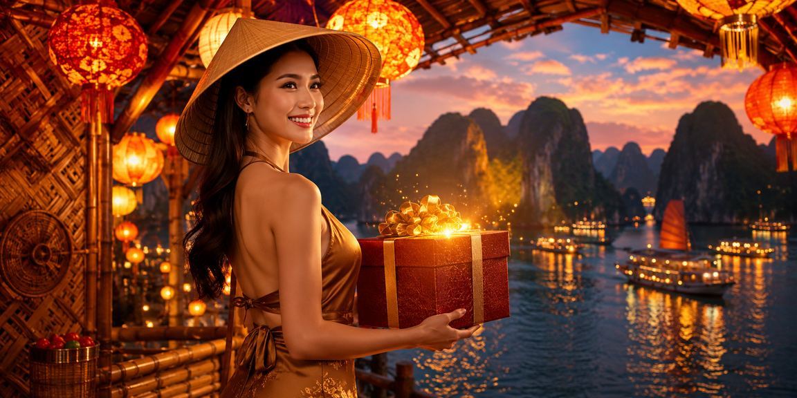 Không khí cá cược casino bên vịnh Hạ Long với nón lá truyền thống Việt Nam